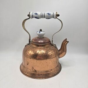 Portugal Copper Tea Kettle Vintage Floral Ceramic Handle Rustic Farmhouse Decor
